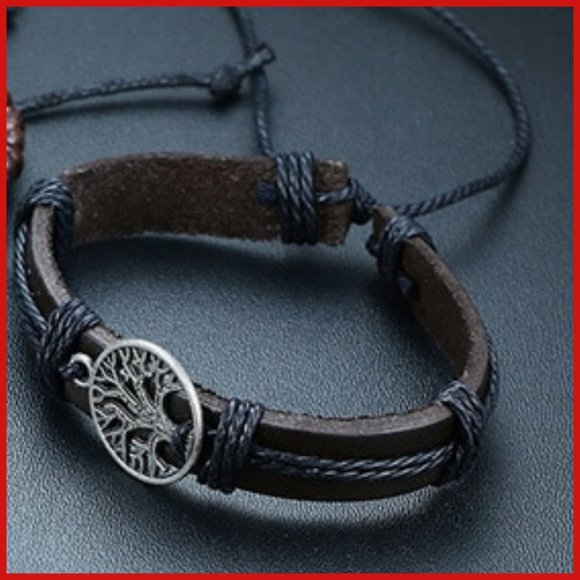 NWT BLACK LEATHER ADJUSTABLE WRISTBAND WITH SILVER TONE TREE OF LIFE - Picture 3 of 5